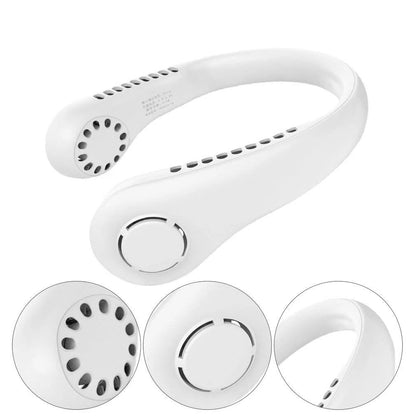 Portable vaneless neck hanging fan with USB rechargeable battery and hands-free 360-degree cooling.