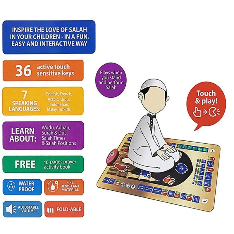 Islamic learning mat with Arabic letters and Surahs
