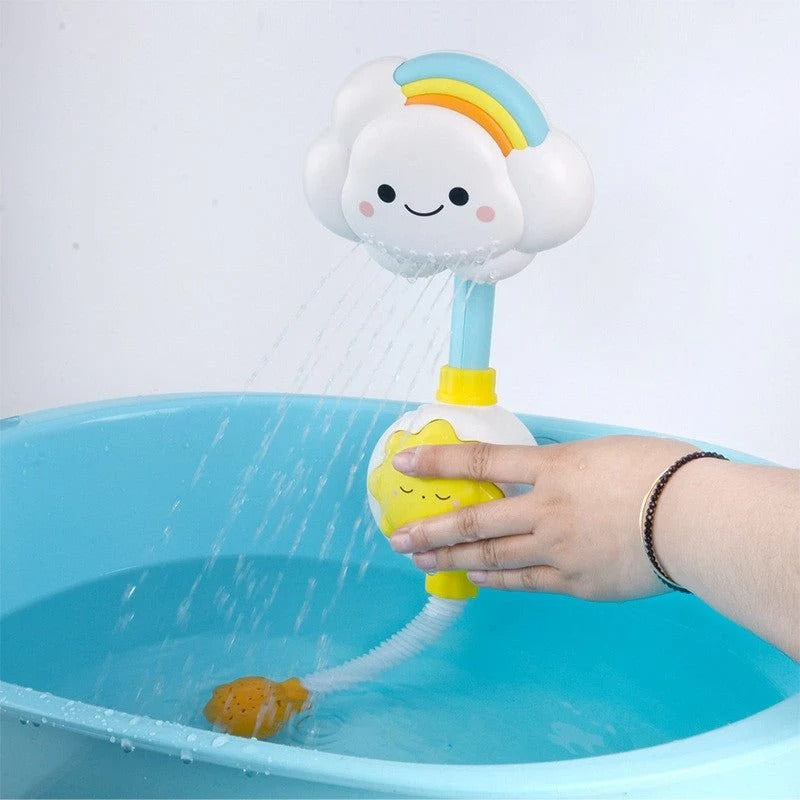 Manual Rainbow Cloud Spray Shower Baby Bath Toy for infants and toddlers with colorful water spray for fun bath time play.