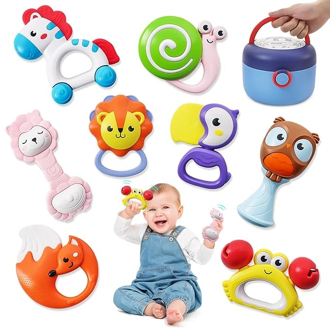 Colorful baby rattles designed for sensory development