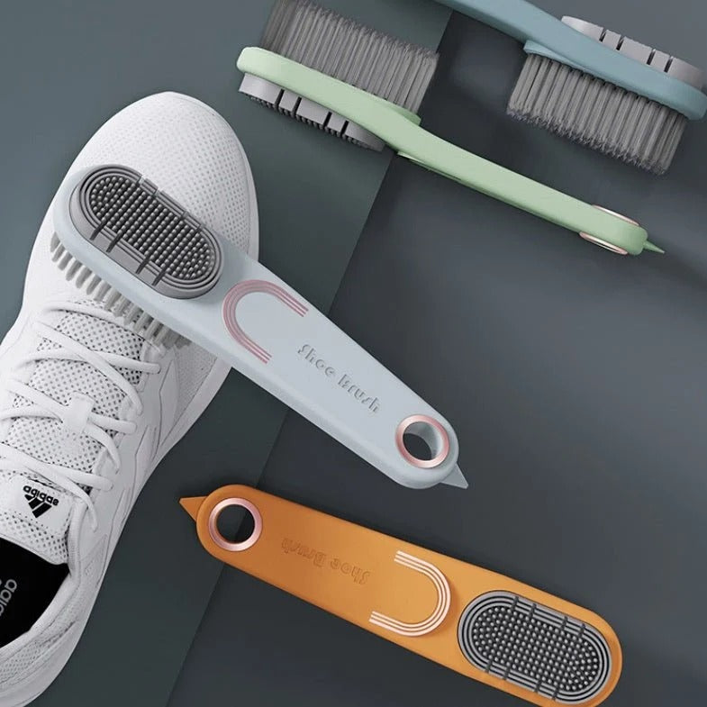 Double-sided anti-slip shoe cleaning brush with durable bristles for cleaning sneakers, boots, leather, and canvas shoes.