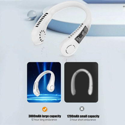 Portable vaneless neck hanging fan with USB rechargeable battery and hands-free 360-degree cooling.