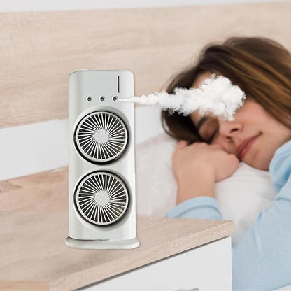 Dual head spray fan providing powerful airflow and refreshing mist