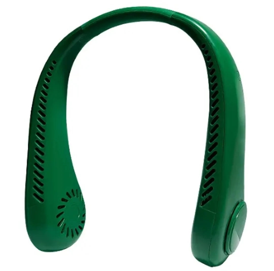 Portable vaneless neck hanging fan with USB rechargeable battery and hands-free 360-degree cooling.