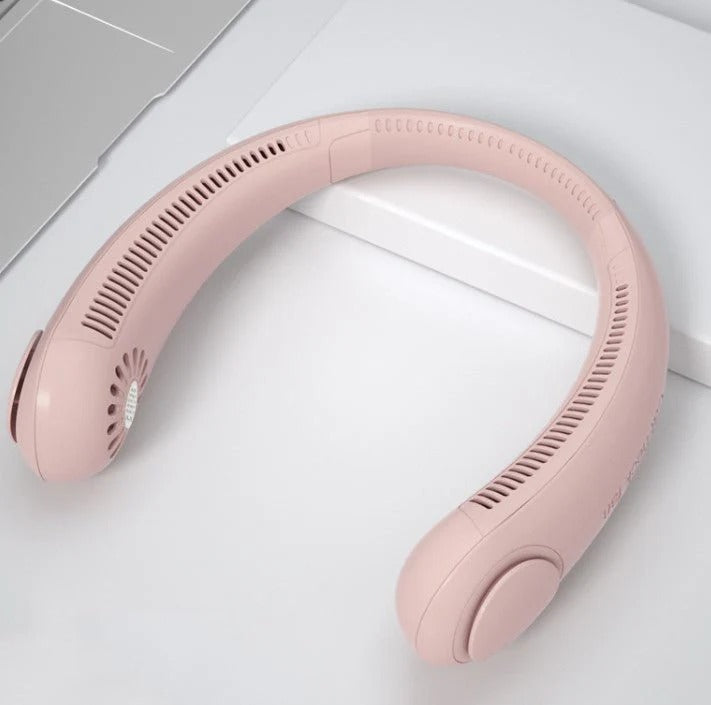 Portable vaneless neck hanging fan with USB rechargeable battery and hands-free 360-degree cooling.