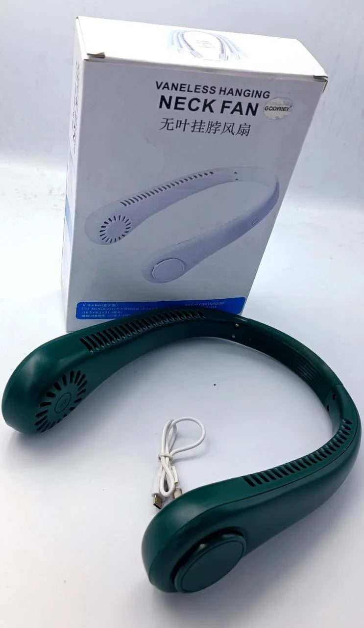 Portable vaneless neck hanging fan with USB rechargeable battery and hands-free 360-degree cooling.