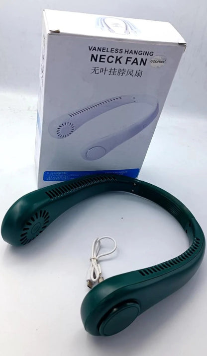Portable vaneless neck hanging fan with USB rechargeable battery and hands-free 360-degree cooling.